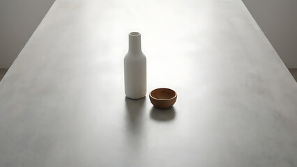 Minimalist Still Life with White Vase and Wooden Bowl on Textured Surface