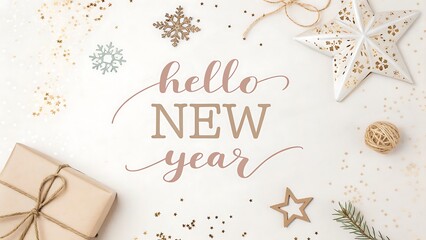 Minimalist New Year Background with "Hello New Year" Typography, Gift Box, and Festive Decor on White
