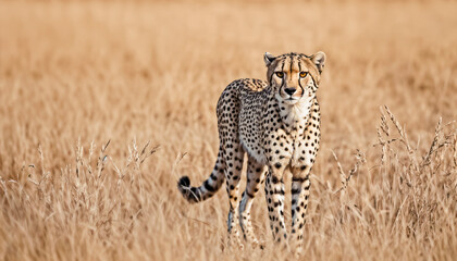 Cheetah Standing in African Savanna, Wild Animal Fast Predator