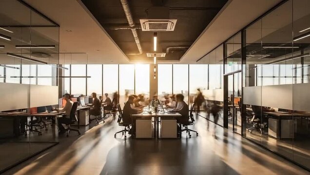 Cinematic Wide Time Lapse of Busy Modern Open Plan Office with Fast Moving Employees as Ghosts