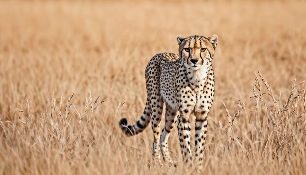 Cheetah Standing in African Savanna, Wild Animal Fast Predator