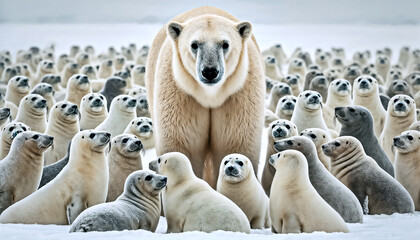 Polar Bear Surrounded by Seals on Ice, Arctic Wildlife Animal Family