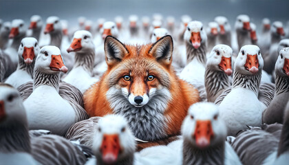 Red Fox Hiding in a Crowd of Geese, Predator and Prey Wildlife Concept
