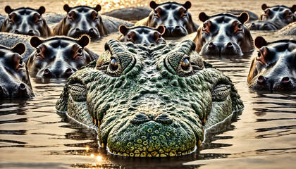 Crocodile in Water Hiding in the Hippopotamus Group, Wild Animal Conflict Concept