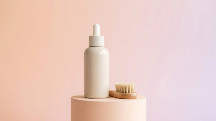 Minimalist Beauty Products Displayed on a Pedestal with a Soft Pastel Background for Wellness and Skincare Advertising