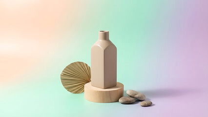 Minimalist Still Life with Ceramic Vase and Natural Elements on Pastel Gradient Background