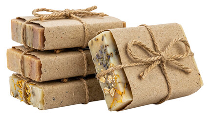 Stack of handmade natural soap bars wrapped in eco-friendly kraft paper Isolated on Transparent Background.