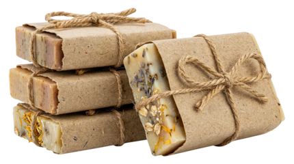 Stack of handmade natural soap bars wrapped in eco-friendly kraft paper Isolated on Transparent Background.