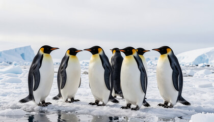 Fototapeta premium Penguins standing on a snowy Antarctic shore on World Wildlife Day