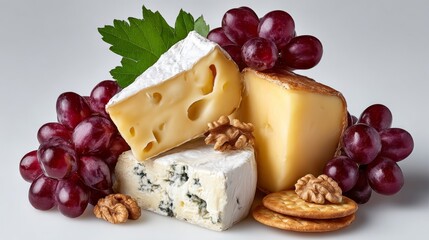 A plate of cheese, grapes, and crackers. The grapes are red and the cheese is white