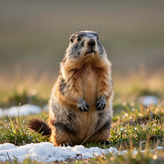 Photorealistic image of a groundhog standing upright in a meadow for Groundhog Day