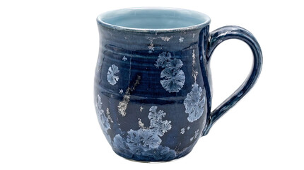 Handcrafted blue ceramic mug with unique crystalline glaze frosting pattern Isolated on Transparent Background.