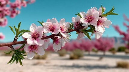 A branch with pink flowers is shown in a field. The flowers are in full bloom and the field is empty