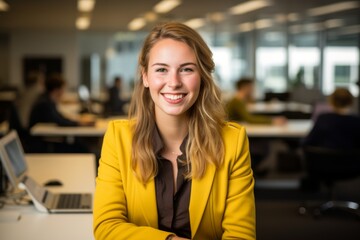 Professional woman in bright yellow blazer smiling confidently in modern office environment with colleagues working in background
