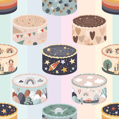 Seamless pattern of birthday sweet cakes. Holiday rainbow. Flat vector illustration for wedding, birthday. Vector illustration.