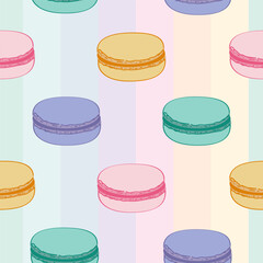 Pastel colors dessert macarons seamless vector pattern on rainbow background. Vector illustration