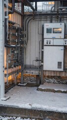 Industrial factories in a snowy winter setting.