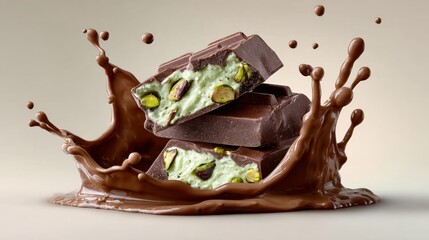 A chocolate bar with nuts and a green swirl on top of a chocolate splash. The chocolate bar is cut in half, revealing the green swirl. Concept of indulgence and decadence, as the chocolate
