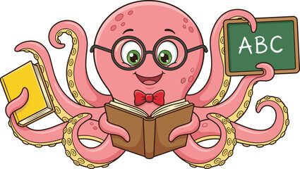 Cartoon octopus teacher character, cheerful expression, educational props, playful learning theme, marine life concept, flat vector illustration