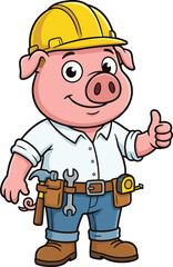Cartoon pig, construction worker, hard hat, tool belt, smiling character, thumbs up, safety gear, vector art, flat illustration, builder