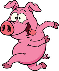 Cartoon pig, dancing pose, joyful expression, pink animal, tongue out, playful character, vector art, flat illustration, farm humor, fun