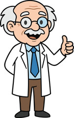 Cartoon scientist, elderly man, lab coat, thumbs up, professor character, glasses, white hair, vector art, flat illustration, expert