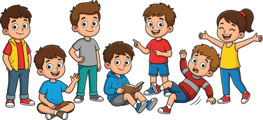 Happy children playing together, cartoon kids group, joyful expressions, colorful outfits, cheerful childhood moments, fun activity scene, flat vector illustration