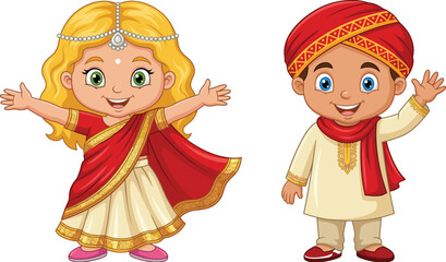 Indian children, traditional clothing, cartoon kids, cultural outfit, festive wear, ethnic costume, celebration, smiling faces, vector art, flat illustration