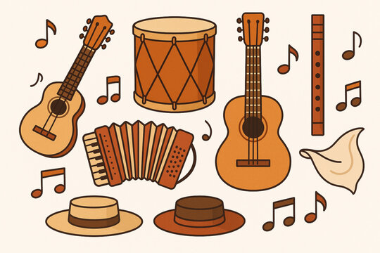 Chilean Musical Instruments Icon Set Vector Illustration with Charango, Bombo and Folk Music Symbols