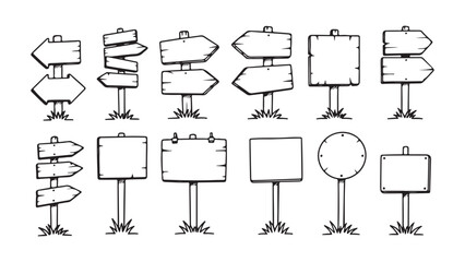 Set of hand-drawn sketch vector illustrations featuring various blank wooden directional signs and road sign templates in black and white outline graphic style for guidance and information  © Uttpol Saha