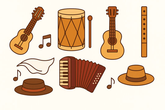 Chilean Musical Instruments Icon Set Vector Illustration with Charango, Bombo and Folk Music Symbols