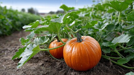 Obraz premium Two orange pumpkins are sitting on the ground in a field. The pumpkins are surrounded by green leaves and vines