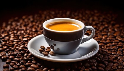 Fototapeta premium Close-Up of Luxury Espresso Cup with Rich Crema and Scattered Coffee Beans