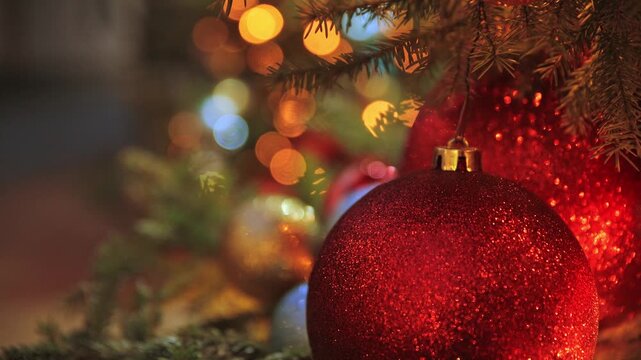 Glittering red christmas ornament on decorated pine branch with festive lights