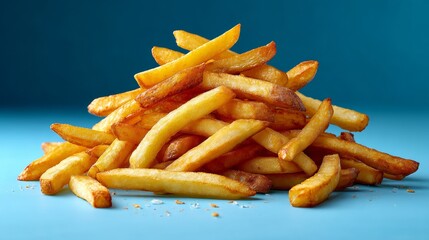 A pile of french fries on a blue background. The fries are golden brown and appear to be freshly cooked