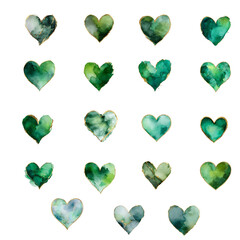 Fototapeta premium Watercolor green gold heart set abstract elegant texture isolated on white