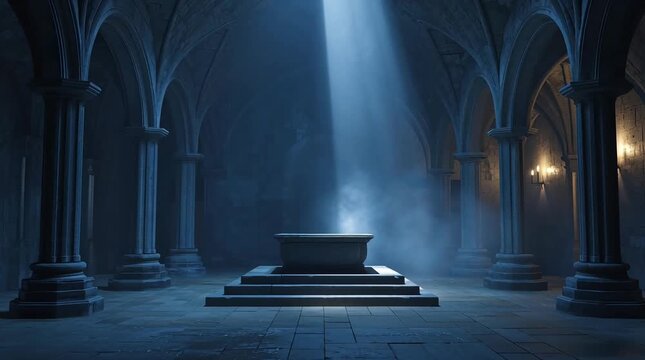 Cinematic ancient ritual hall interior with stone altar and beam of light. Dark fantasy dungeon background with blue fog mist.

