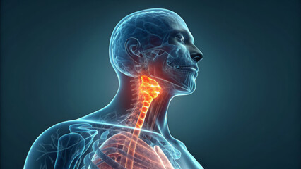 3d rendering of human throat anatomy highlighting larynx and trachea in pain