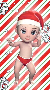 Cute Santa baby dancing with a hat isolated in a colorful background. Seamless funny Christmas vertical video.