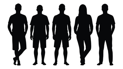 A group of five people standing together depicted as a striking black silhouette