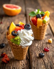Two waffle cones brimming with fresh fruit and whipped cream
