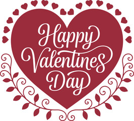 A beautiful red heart with the words Happy Valentines Day written in white cursive font surrounded by a floral decoration and small hearts.