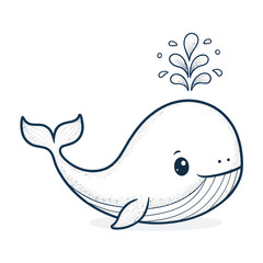 Whimsical hand-drawn whale spouting water on white background