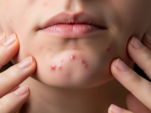 Acne on the chin area of a person's face