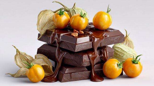 A stack of chocolate bars with a drizzle of chocolate on top and a pile of tomatoes and orange leaves on the bottom