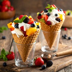 Two waffle cones overflowing with whipped cream and colorful fruit