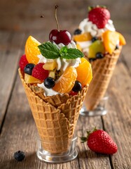 Two waffle cones overflowing with fresh fruit, cream, and garnish