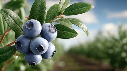 A blueberry bush with a bunch of blueberries on it. The blueberries are ripe and ready to be picked