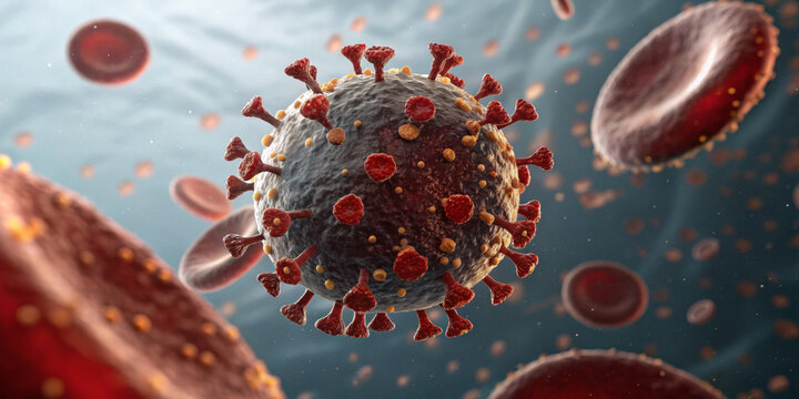 3d rendering of coronavirus particle attacking red blood cells in bloodstream - Powered by Adobe