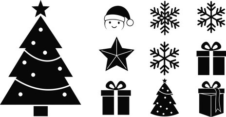 Black and white Christmas icon set with tree, star, gift, and snowflake, minimal flat design